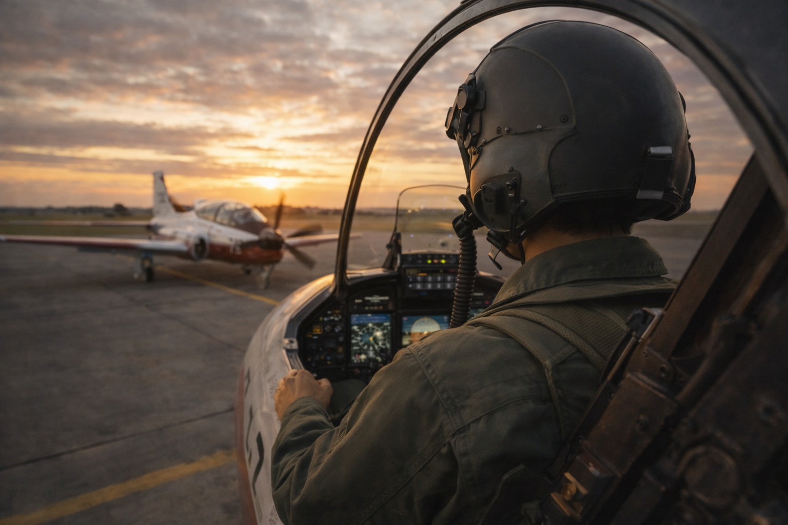 航空学生最終試験でT-7練習機に搭乗し、前方を見据えて操縦に集中する受験生