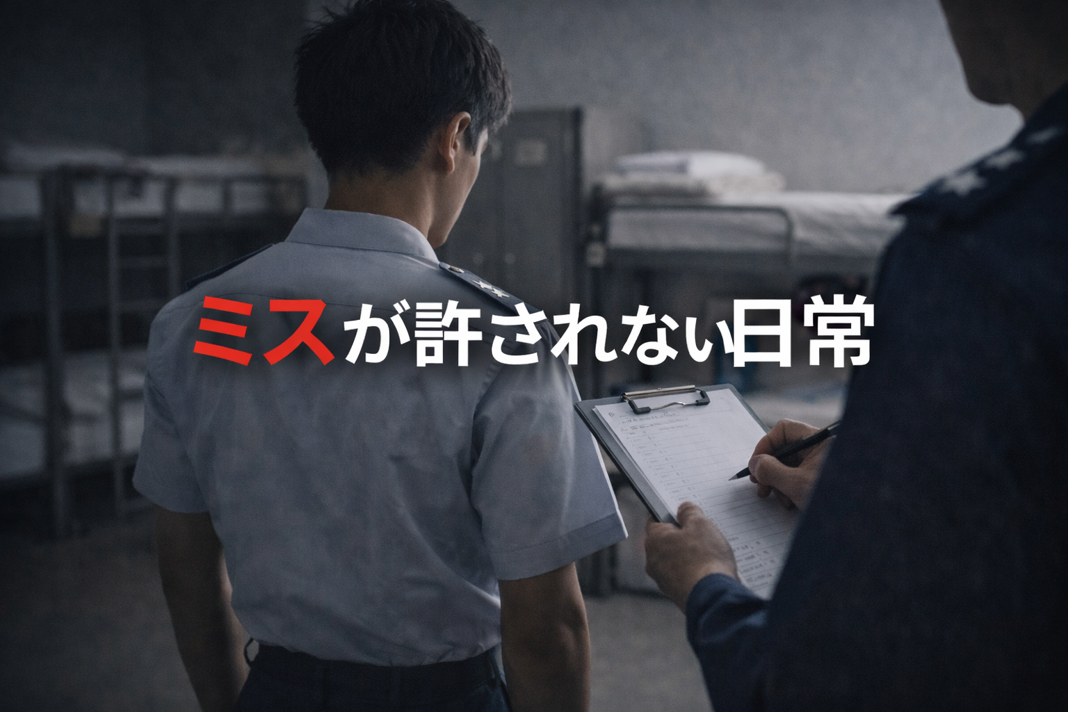 航空学生として入隊後、厳しい生活ルールの中で緊張しながら点検を受ける訓練生の様子