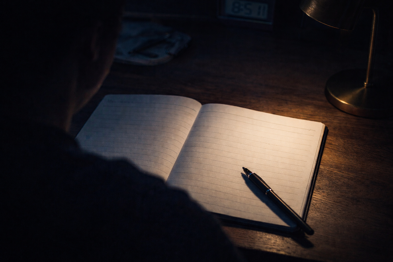 夜の机でノートを前に座り、静かに書く準備をする航空学生の後ろ姿